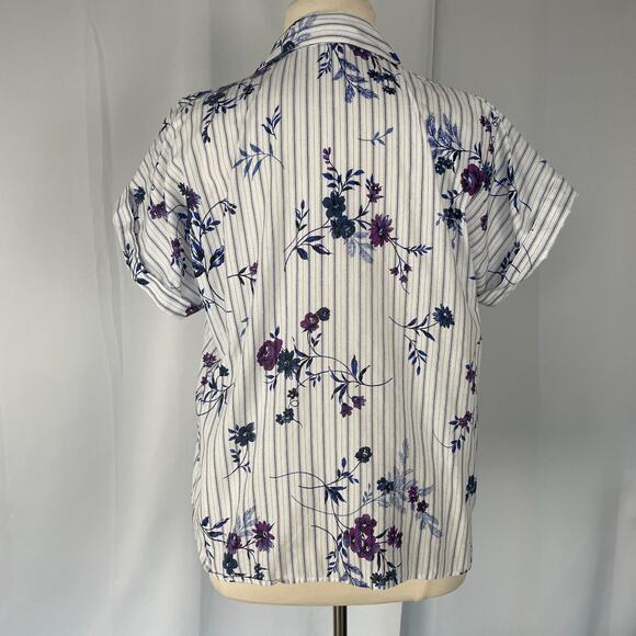 Vintage Top Plus Size 1X White Purple Floral Stripe Short Sleeve Casual Cottage - Picture 6 of 9